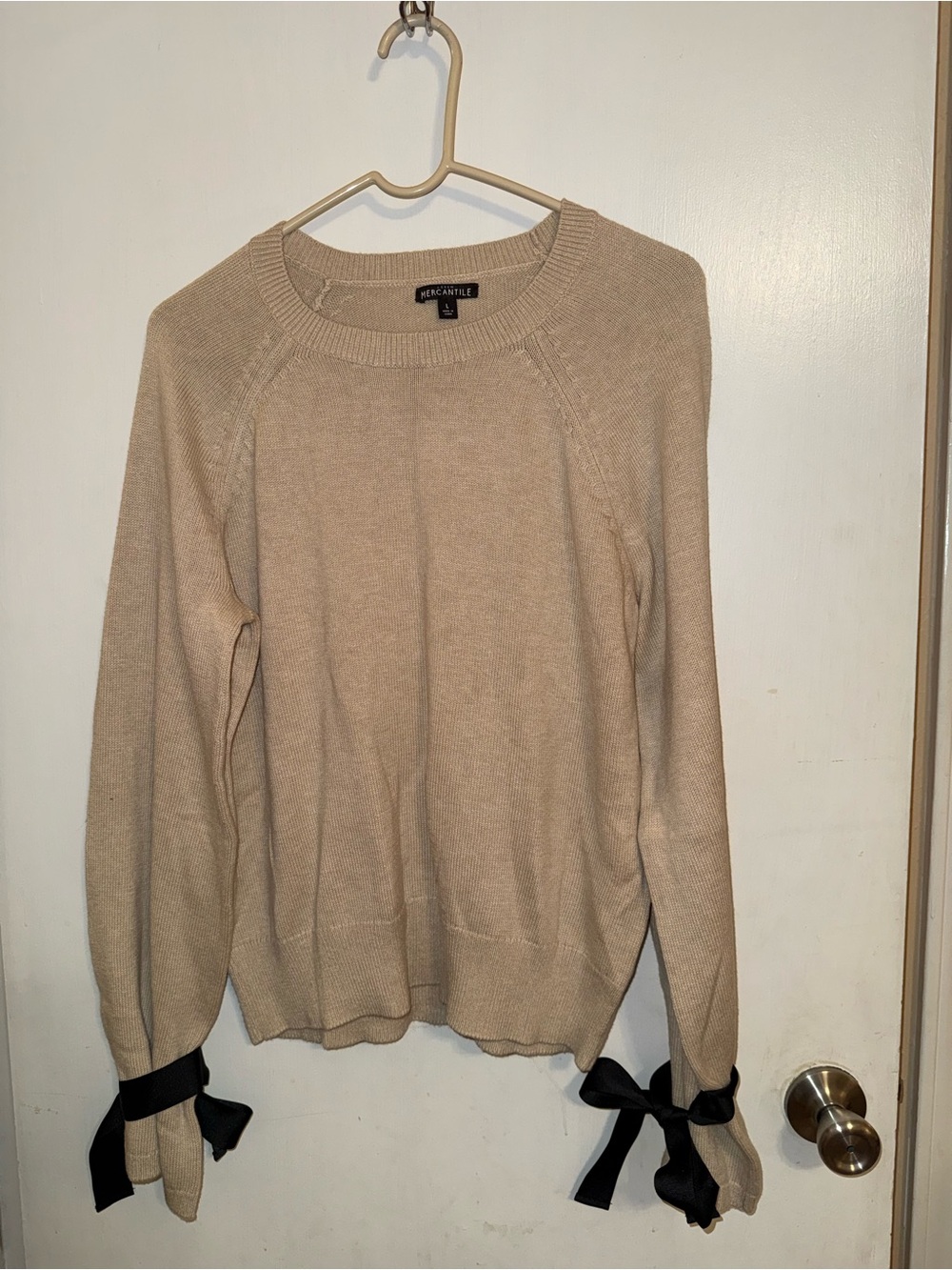 J. Crew Factory Beige Crewneck Sweater with Black Bow Cuffs. NEVER WORN